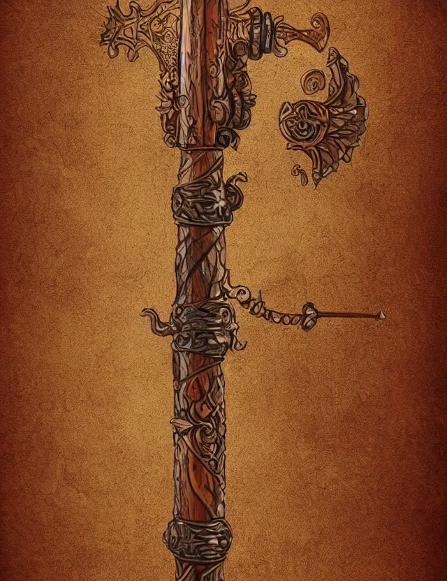 Prompt: an ornate wooden staff, fantasy illustration, medieval era, blank background, studio lighting, hand - drawn digital art, medium shot