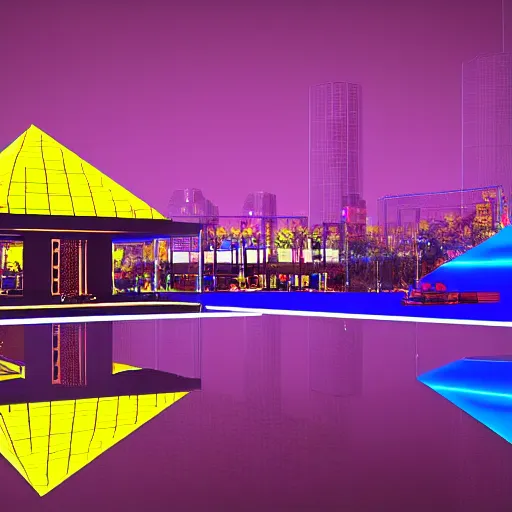 Prompt: pyramids made of colorful neon glass at night time, by unreal engine. night