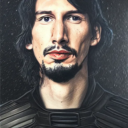 Image similar to adam driver as commander of the nights watch, incredibly detailed oil painting, high octane, trending on artstation, incredible fineline, regal, fine art museum piece, drum scanner