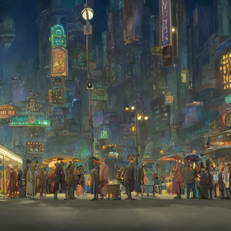 Image similar to few people waiting in a bus stop in dark city night, detailed, high quality, high resolution, screenshot from Zootopia