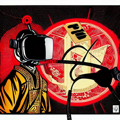 Image similar to !dream Illustrated by Shepard Fairey and H.R. Geiger | Cyberpunk Samurai with VR helmet, surrounded by cables