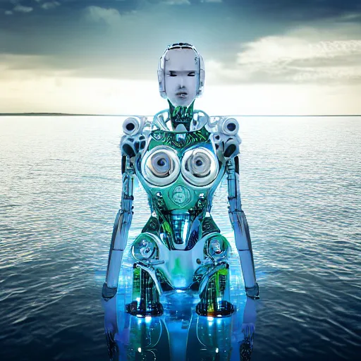 Image similar to beautiful centered fine art photo portrait of hoyeon jung as a solarpunk robotic humanoid treading on water below, white mechanical parts with led lights, ultra - detailed and intricate, white background, sun lighting, soft focus, slow exposure hdr 8 k