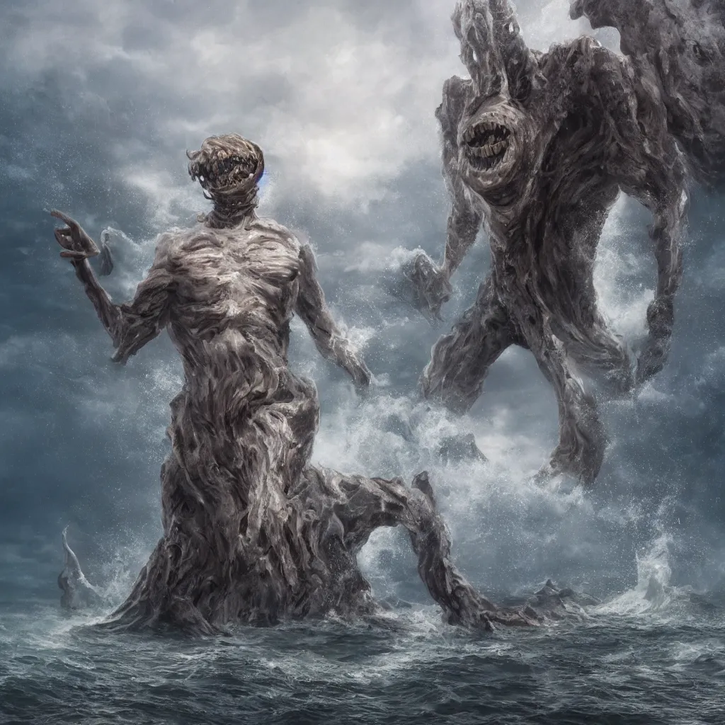 Prompt: a single highly detailed 4 k matte painting. humanoid giant. cthulu head and torso. climbing out of the sea. pale white skin