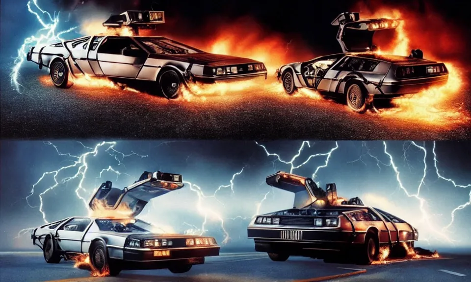 Image similar to scene from back to the future, delorean from back to the future driving very fast, lightning around the car, fire on the road, driving through a portal, motion blur