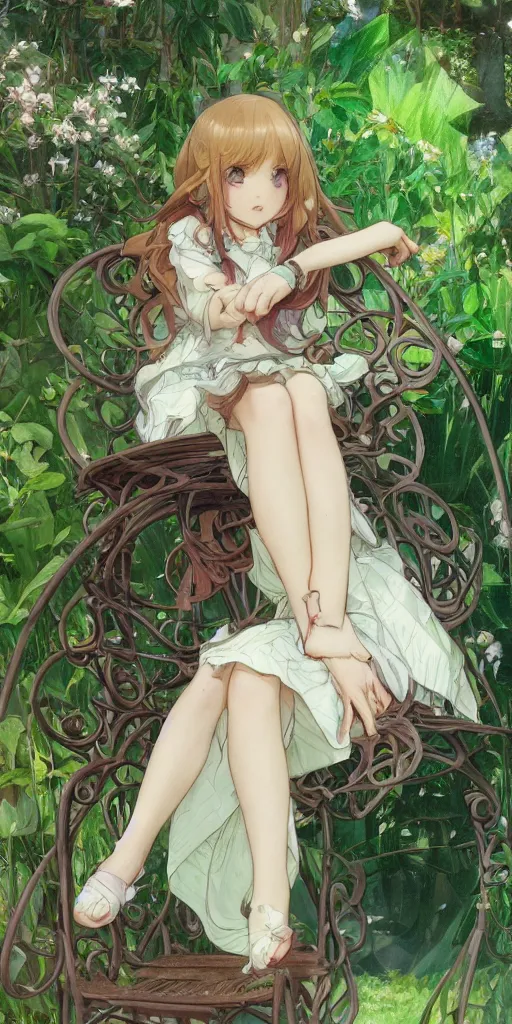 Image similar to a close up of a loli with long hair in a dress sitting on a metal garden chair in the privet garden at afternoon, green and warm theme, back lighting, by krenz cushart and mucha and akihito yoshida and greg rutkowski and studio ghibli, detailed eyes, 4 k resolution, trending on art station