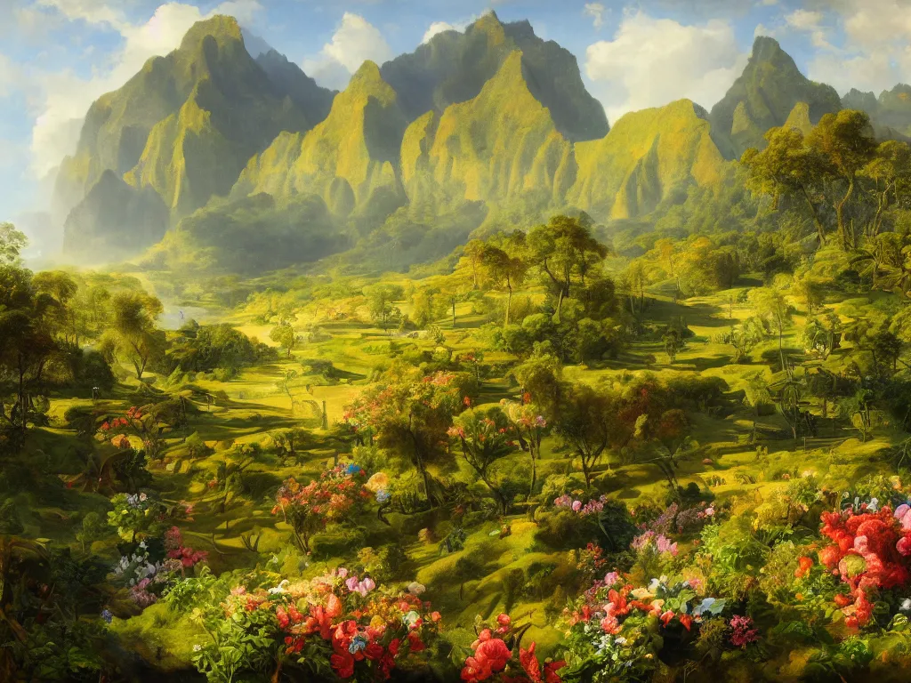 Image similar to kauai in springtime valley vista, sunlight study, by jan davidsz de heem!! and ( ( ( ( ( lisa frank ) ) ) ) ), oil - painting, 3 d render, art nouveau, 8 k, extreme detail, sharp focus, octane render