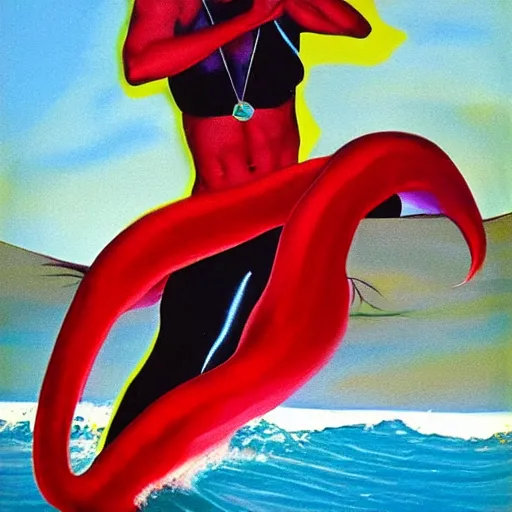 Prompt: grace jones surfing on a giant squid, oil painting