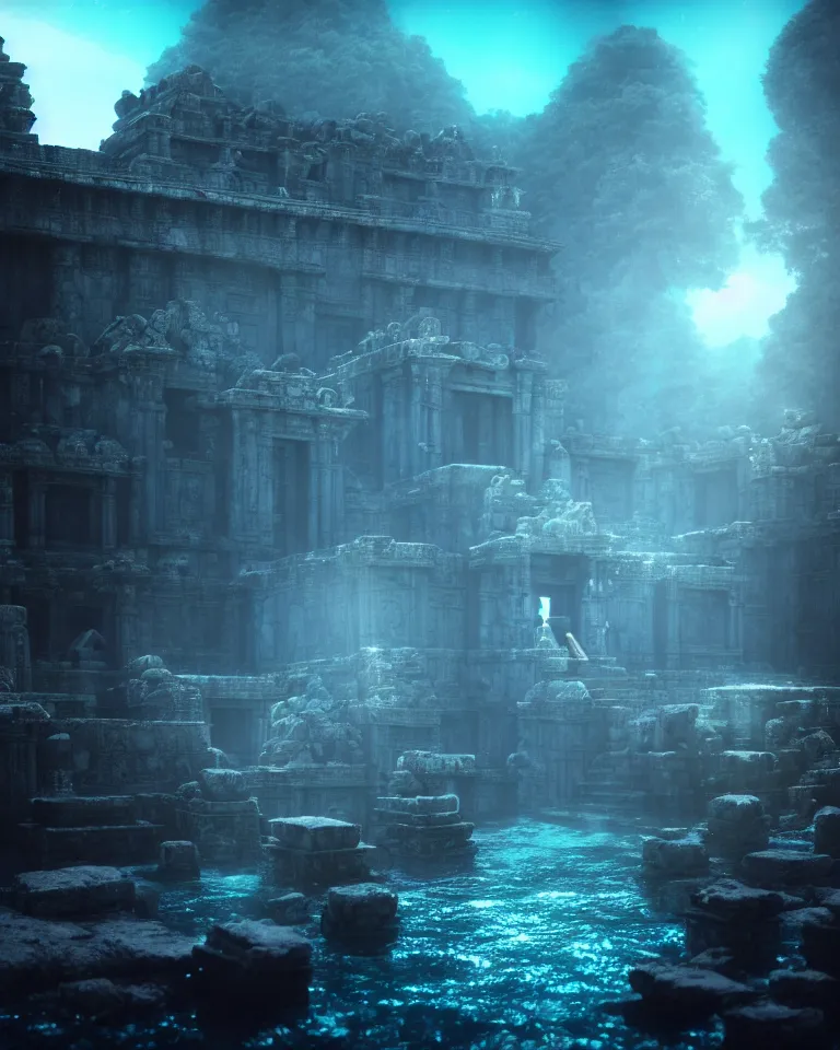 Image similar to ultrawide shot of submerged pre - incan temple, anime style mixed with fujifilm, dark, underwater, symmetrical, bubbles, abyss, dark, murky, foggy, atmospheric, crepuscular rays, artstation, cgsociety, octane render, cgi, unreal engine 5, denoise, detailed, cinematic masterpiece