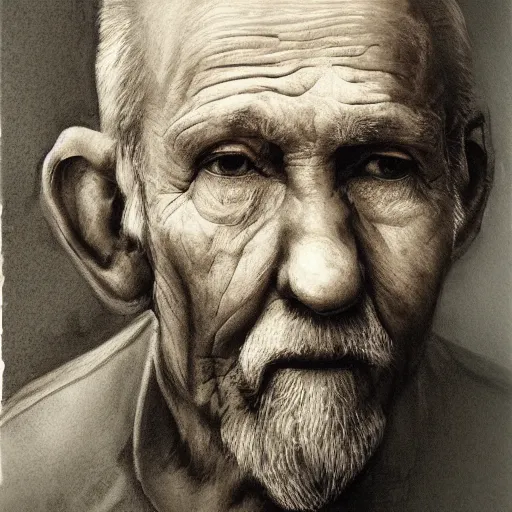 Prompt: Artwork of an old man where the facial features and eyes of the subject are the focus