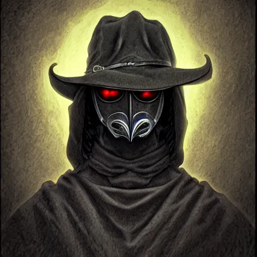 Image similar to a portrait of a plague doctor gunslinger, dark fantasy, horror, western, hell, ultrafine detailed digital pencil art by frank frazetta and vito acconci and and takeshi obata and mike mignola, death note style, colored, symmetric body, cgsociety, sharp focus, detailed face, looking at the camera
