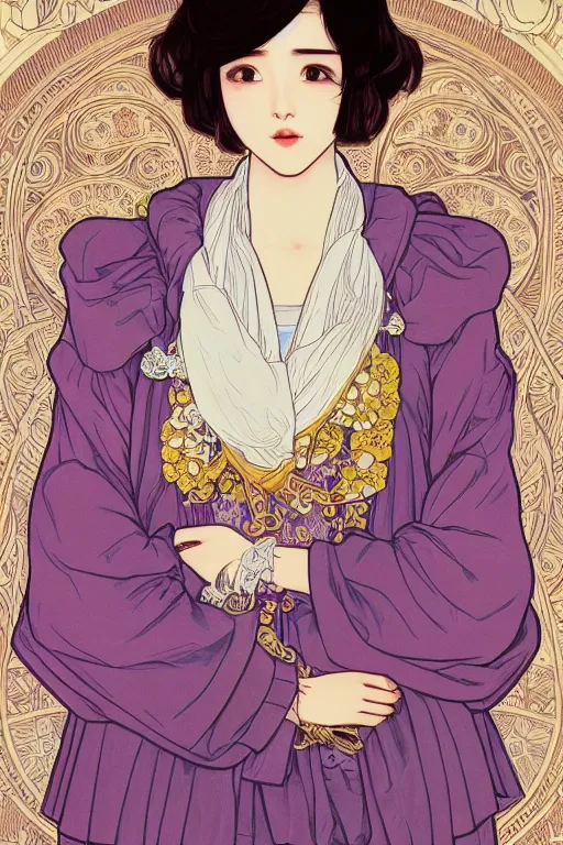 Image similar to Portrait of Eunha from Viviz and gFriend with short hair wearin purple overall shorts, short puffy pants, white tights, Golden Ribbon, and a billowy scarf. masterpiece 4k digital illustration, award winning, Artstation, art nouveau aesthetic, Alphonse Mucha background, intricate details, realistic, panoramic view, Hyperdetailed, 8k resolution, intricate art nouveau