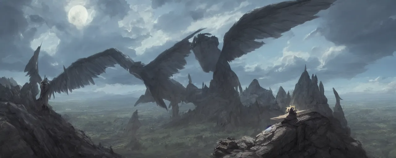 Prompt: satan unrurls his enormous wings overlook over the plains of golgotha, digital art, dark palette pokemon sword and sheild atmosphere by marby kwong, ( ( ( ( ( ( ( makoto shinkai raphael lacoste martin deschambault finnian macmanus artstationhq iamag