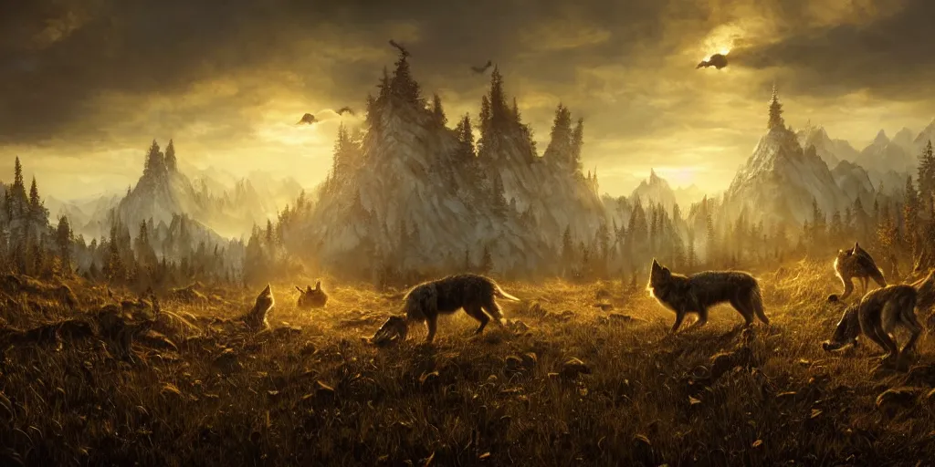 Image similar to the elder scrolls vi, wolves and their treasures, painted, intricate, volumetric lighting, beautiful, daytime, sunny weather, slight overcast, golden hour, sharp focus, deep colours, ultra detailed, by leesha hannigan, ross tran, thierry doizon, kai carpenter, ignacio fernandez rios