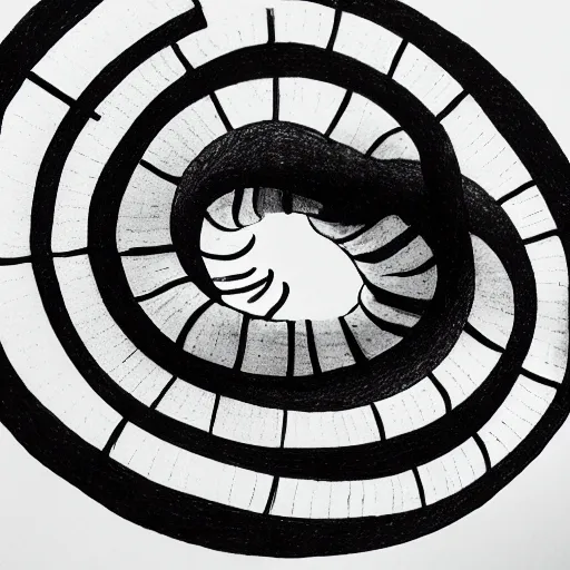 Image similar to a fibonacci spiral in micron black ink, on textured matte paper, studio lighting
