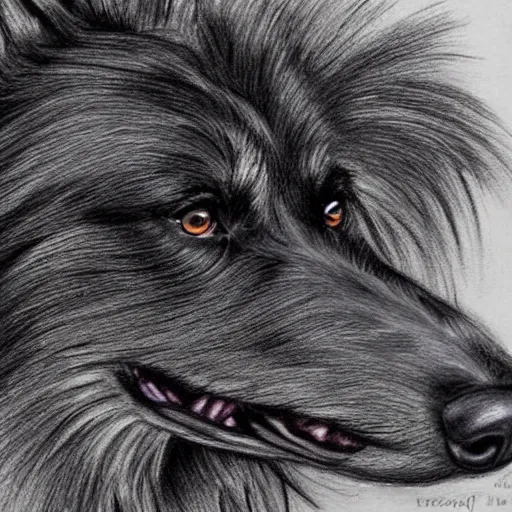 Image similar to highly detailed drawing of a black wolfhound, ferocious, ultra realistic