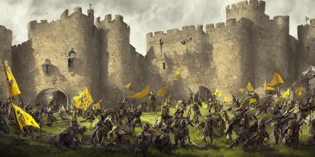 Prompt: the lemon army laying siege to a castle, fantasy art, artstation