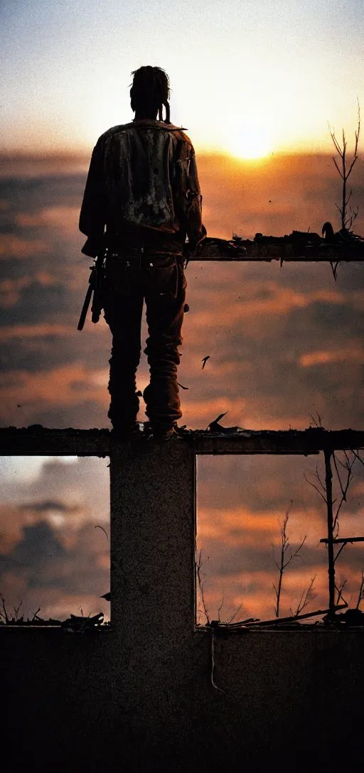 Image similar to Portrait of a tired battle-worn rugged post-apocalypse survivor staring contemplatively into the sunset from an abandoned overgrown rooftop terrace. A crow perched above stares at the sun, as well. Masterpiece. Photo taken with Kodak Professional Pro Image 100 35mm film.