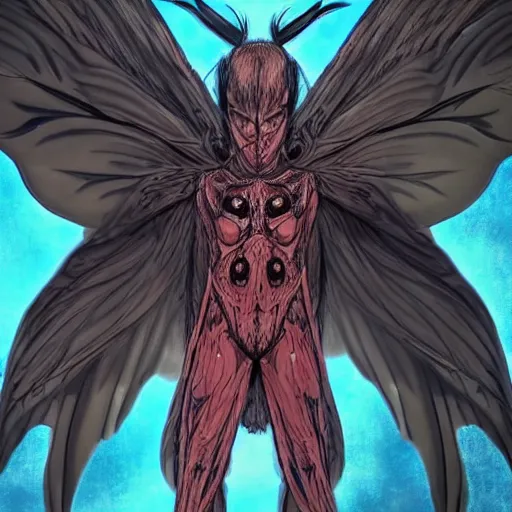 Image similar to 4K headshot of mothman holding something and bloody clothes with giant wings , intricate face , flawless anime cel animation by Kentaro Miura,psychedelic , highly detailed upper body , professionally post-processed , beautiful, scary, symmetry accurate features, epic, octane rendered, anime masterpiece, accurate