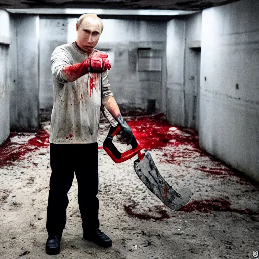 Image similar to putin with a chainsaw and a corpse. in a concrete bunker. focus on putins face with blood splatters. canon eos r 3, f / 1. 4, iso 1 6 0 0, 1 / 8 0 s, 8 k, raw, grainy