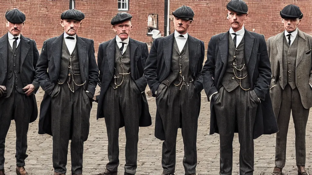 Image similar to a group peanut mans dressed like the peaky blinders