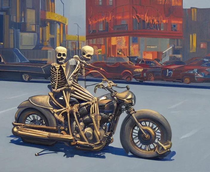 Image similar to a very detailed painting of a skeleton wearing a leather jacket, riding a motorbike, harley davidson motorbike, worm's - eye view, very fine brush strokes, very aesthetic, very futuristic, in the style of edward hopper and grant wood and syd mead, 4 k,