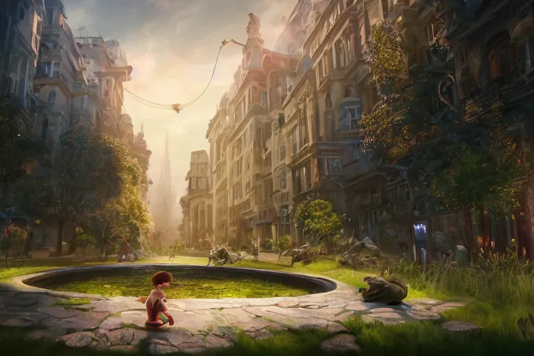 Prompt: a beautiful illustration of cute little creature in the middle of the city, fantasy, epic lighting, cinematic composition, hyper realistic, 8 k resolution, unreal engine 5, artstation