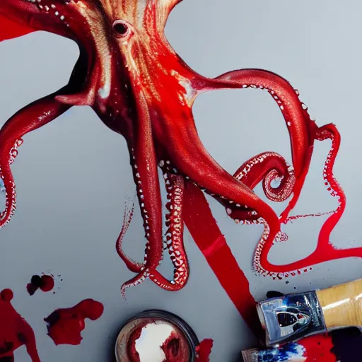 Prompt: a clean studio photography set, there is a bucket of red paint and it has just viciously exploded, there is paint EVERYWHERE, even on the octopus