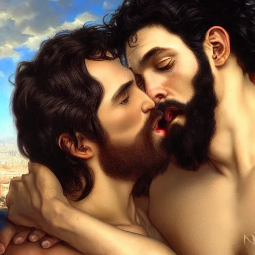 Prompt: jesus kissing a sensual muscular man in jerusalem, elegant, highly detailed, digital painting, artstation, concept art, matte, sharp focus, highly detailed, 4 k, hdr, smooth, sharp focus, high resolution, award - winning photo, photorealistic, art by artgerm and greg rutkowski and alphonse mucha, large shot