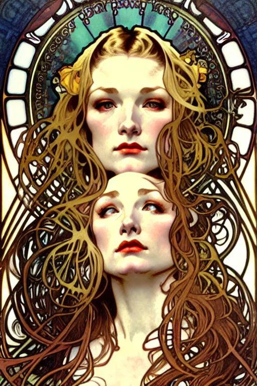 Prompt: realistic detailed full-face portrait of Veronica Lake by Alphonse Mucha, Ayami Kojima, Yoshitaka Amano, Charlie Bowater, Karol Bak, Greg Hildebrandt, Jean Delville, and Mark Brooks, Art Nouveau, Pre-Raphaelite, Neo-Gothic, gothic, Art Nouveau, intricate fine details, exquisite, rich deep moody colors, beautiful detailed background