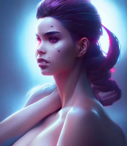 Image similar to beautiful portrait of a cyberpunk goddess who looks like Demi Rose , character design by charlie bowater, ross tran, artgerm, and makoto shinkai, detailed, soft lighting, rendered in octane