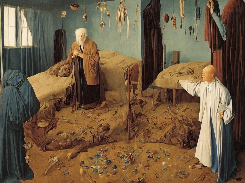 Prompt: Portrait of albino mystic with blue eyes, standing near the bed of a very old man with leprosy. Painting by Jan van Eyck, Audubon, Rene Magritte, Agnes Pelton, Max Ernst, Walton Ford