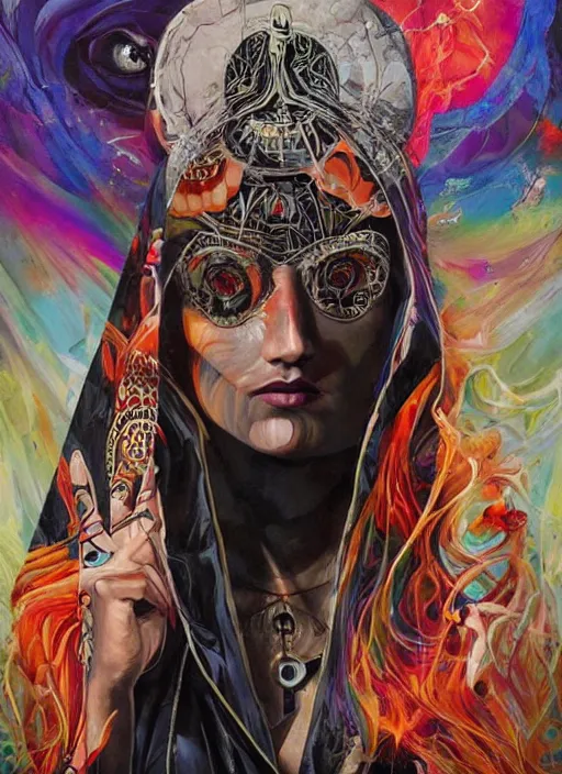 Prompt: tripping cult magic psychic woman, subjective consciousness psychedelic, epic occult ritual symbolism story iconic, dark robed witch, oil painting, robe, symmetrical face, greek dark myth, by Sandra Chevrier, Anna Dittman, masterpiece