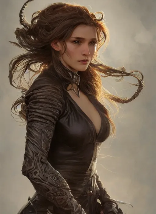 Prompt: realistic lighting, close up portrait of a ruggedly handsome female witch, soft hair, half body, leather, d & d, fantasy, intricate, elegant, highly detailed, digital painting, artstation, concept art, smooth, sharp focus, illustration, art by artgerm and greg rutkowski and alphonse mucha