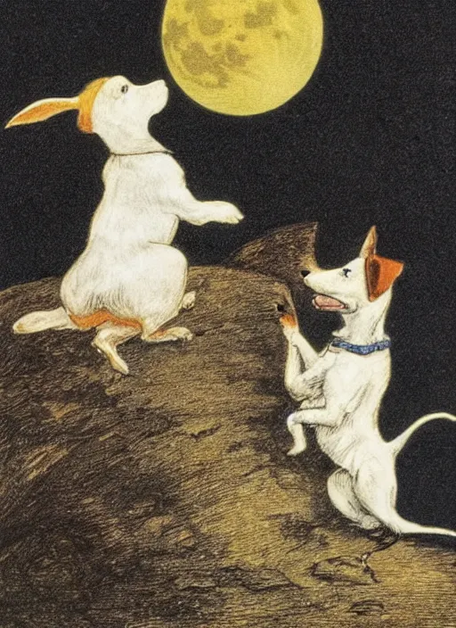 Image similar to candid portrait of a jack russel terrier howling up at the yellow moon, illustrated by peggy fortnum and beatrix potter and sir john tenniel