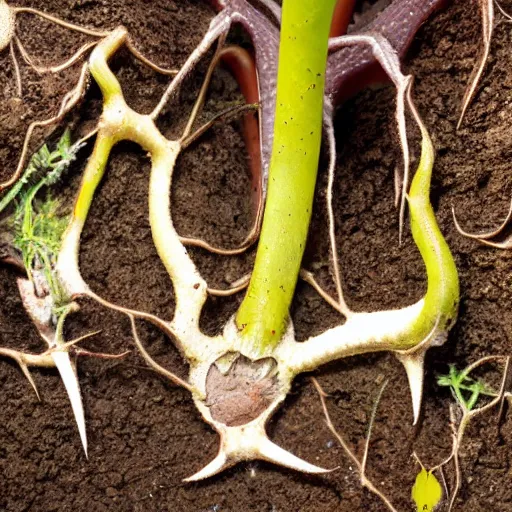 Prompt: a carnivorous plant with alligator jaw and teeth, photo of a plant growing showing its roots underground, plant photography