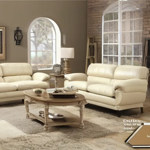 Image similar to creme colored living room set, furniture magazine, promotional photo