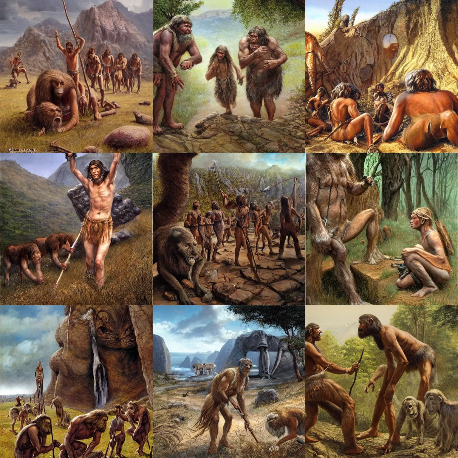 Prompt: distant human ancestors in the stone age, by james gurney