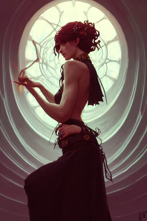 Image similar to a beautiful necromancer woman, fantasy, sharp focus, intricate, elegant, digital painting, artstation, matte, highly detailed, concept art, illustration, ambient lighting, art by ilya kuvshinov, artgerm, Alphonse mucha, and Greg Rutkowski