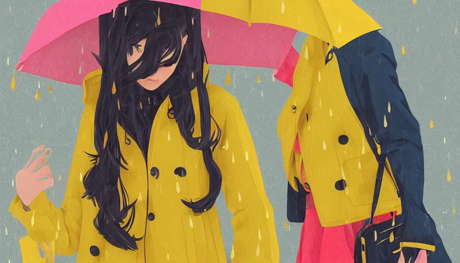 Image similar to girl in a yellow coat standing in the rain holding a small pocket watch, thick outlines, bright colors, geometric shapes, digital art, hard edges, detailed, anime style, art by sora kim, rinotuna, ilya kuvshinov