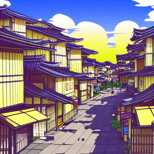 Image similar to japanese town, neighborhood, surreal neighborhood, street view, anime, modern neighborhood, japanese city, underground city, modern city, tokyo - esque town, 2 0 0 1 anime, cel - shading, compact buildings, sepia sunshine, yellow sunshine