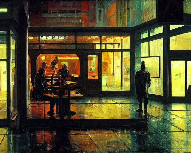Image similar to the last open cyberpunk cafe in the futuristic dark city during a rainy night by hopper, edward
