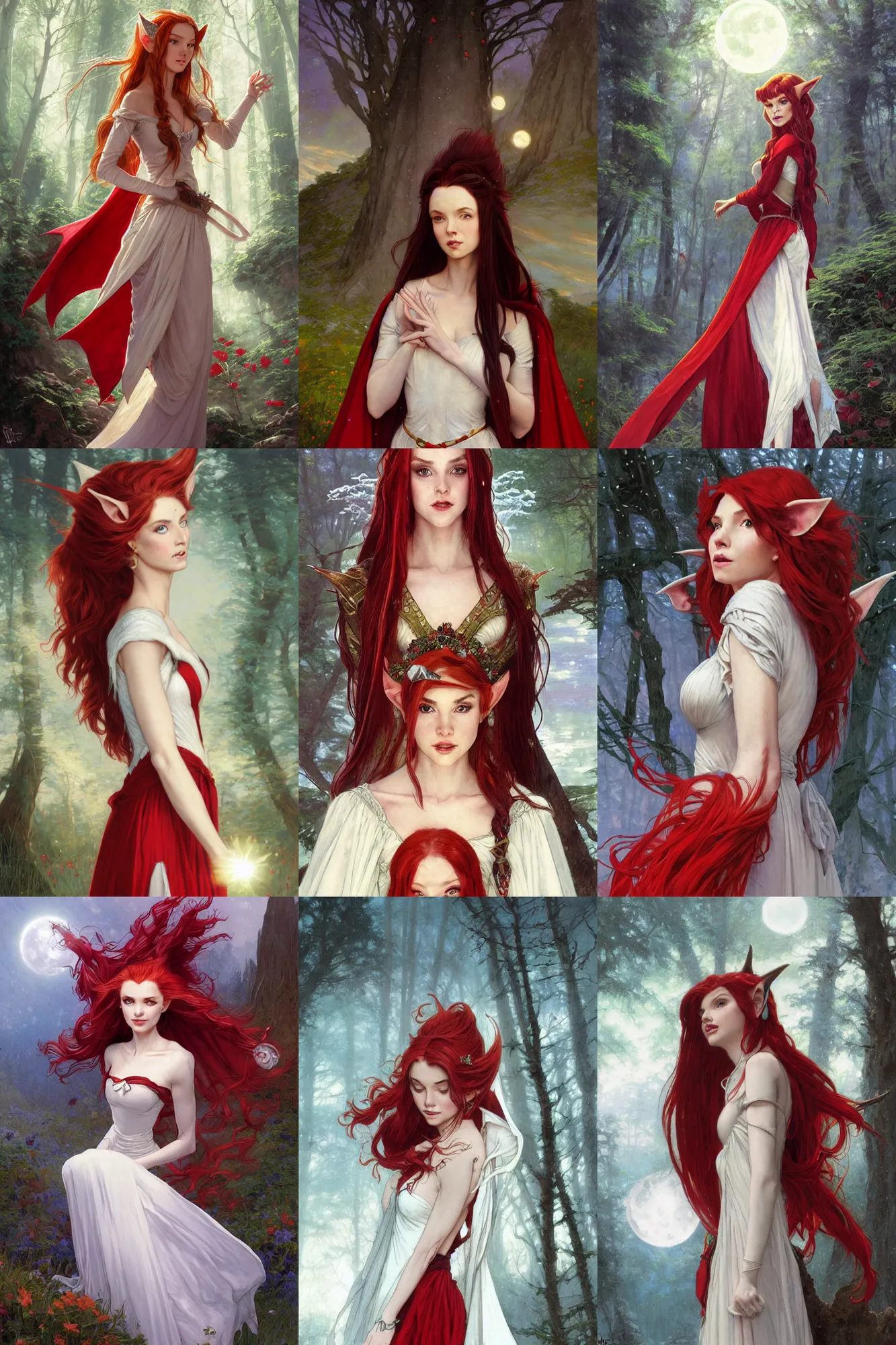 Prompt: artist's rendering of headshot portrait of beautiful high-fantasy elf girl with red hair long pointed ears wearing an off-white gown and a red cloak, moonlight, night, ethereal, intricate details, rule of thirds, by Stanley Artgerm Lau, by greg rutkowski, by thomas kindkade, by alphonse mucha, loish, by norman rockwell J.