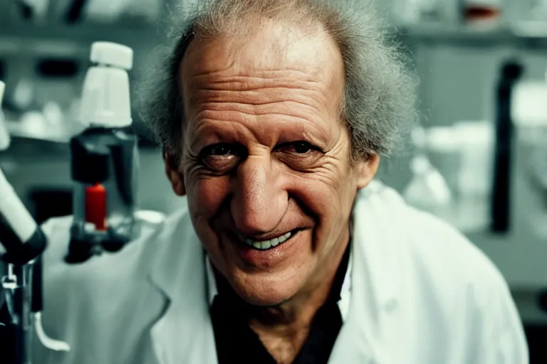 Prompt: an ultra realistic cinematic 3 / 4 view portrait of an evil male scientist smiling, stood in a lab, detailed, deep focus, movie still, dramatic lighting, by werner herzog
