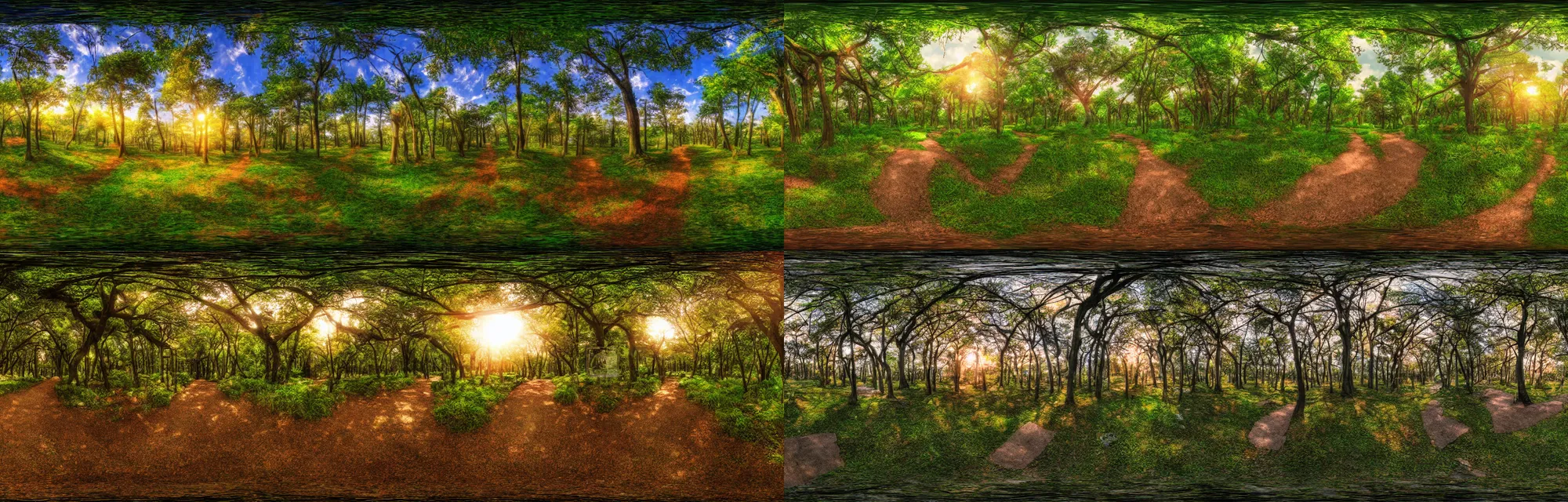 Prompt: anime intricate forest with walkpath towards the susnset , animation background panorama