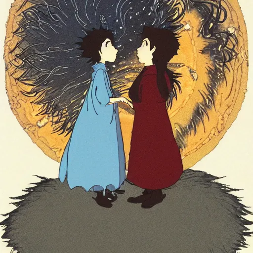 Image similar to ghibli style illustration of the personification of light and the personification of darkness kissing