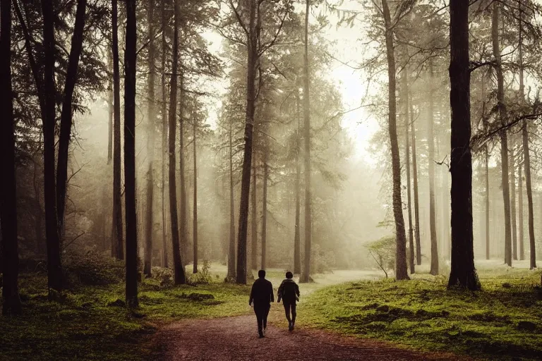Image similar to a walking man in a forrest, Moody light, beautiful trees, insanely detailed