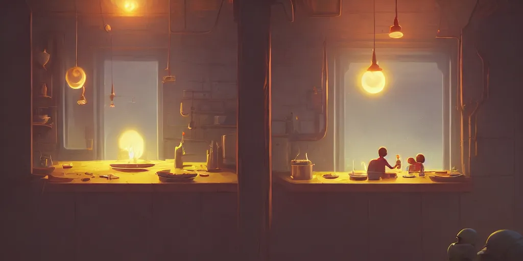 Image similar to cute solitary kitchen dim lit by a candle ripped physique simon stalenhag gerald brom bastien grivet by greg rutkowski, game background, fisheye lens, high angle view