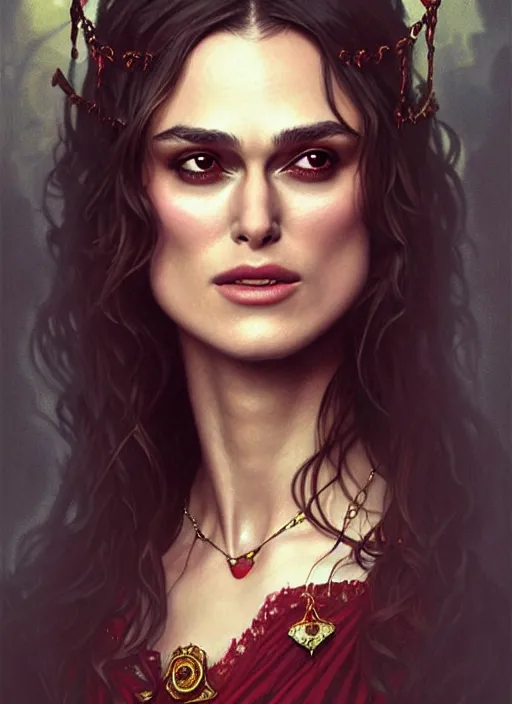 Prompt: portrait of keira knightley as a vampire lord, jewelry, greek, ruby, intricate, headshot, highly detailed, digital painting, artstation, concept art, sharp focus, cinematic lighting, illustration, art by artgerm and greg rutkowski, alphonse mucha, cgsociety