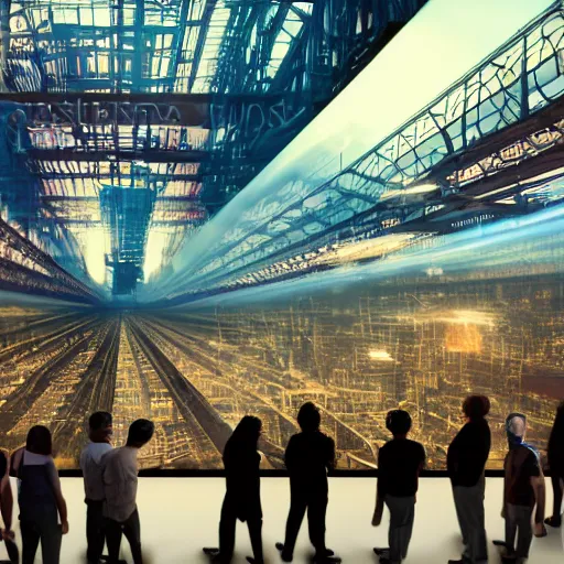 Prompt: large group people in a frame warehouse, looking at hologram of futuristic city on a table, cinematic concept art, godrays, golden hour, natural sunlight, 4 k, clear details, tabletop model buildings, tabletop model, hologram center, crane shot, crane shot, crane shot