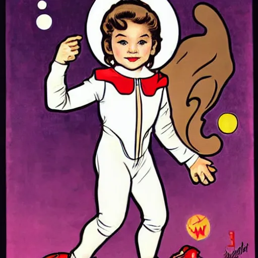 Prompt: a cute little girl with a mischievous face and short brown wavy curly hair. she is dressed as an astronaut. well composed, clean elegant painting, beautiful detailed face. comic book art by steve ditko and jack kirby and ( alphonse mucha )